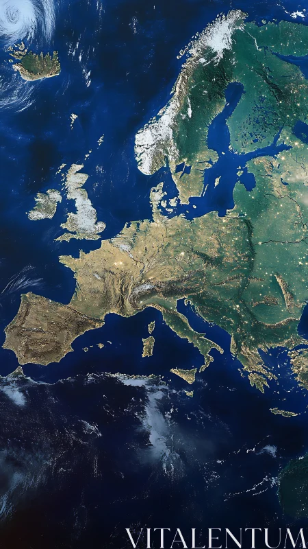 Europe satellite map reveals coastlines, mountains, cloud bands.
