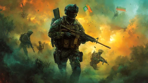 Armored soldiers advance through blazing battlefield haze.