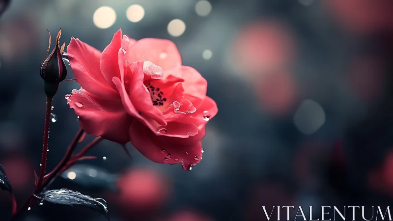 Crimson Bloom Weeping Rain-Jeweled Petals Against Twilight.