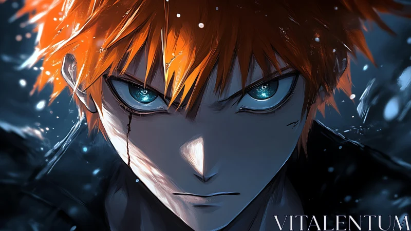 Fiery-haired warrior glares with icy eyes in stormlight.