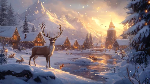 Reindeer stands in snowy village beside frozen river at dusk