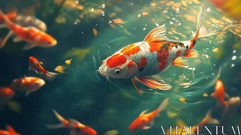 High-detail koi carp rendered with dynamic water caustics and bokeh