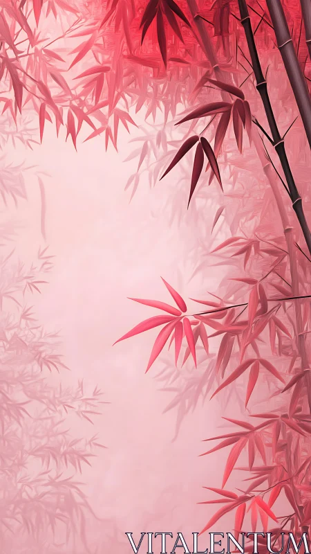 Red bamboo leaves drift softly through rosy morning mist.