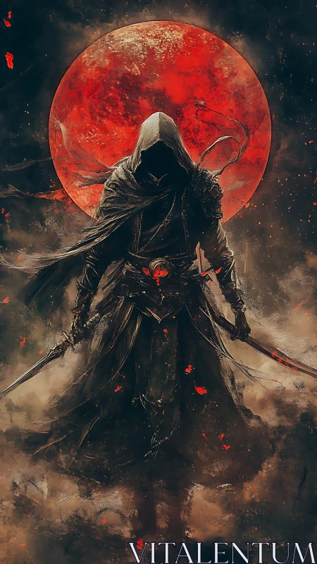 Hooded shadow warrior stands before a burning blood moon