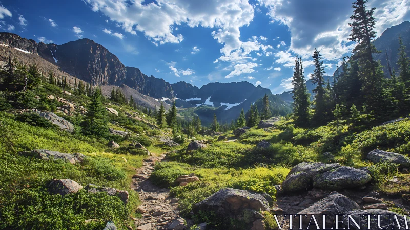 Sunlit mountain trail invites a peaceful alpine day walk