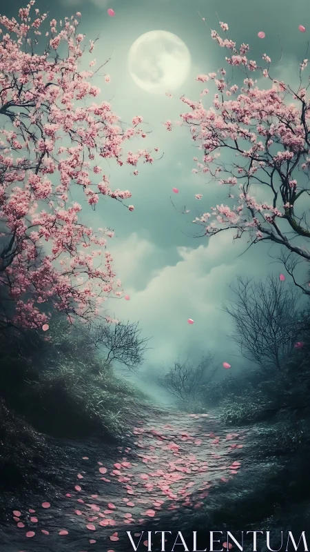 Moonlit path framed by blooming pink cherry blossom trees