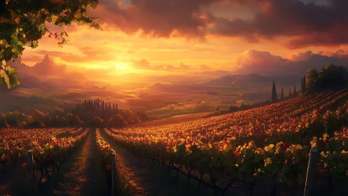 Sunlit vineyard valley glows beneath a dramatic golden sunset