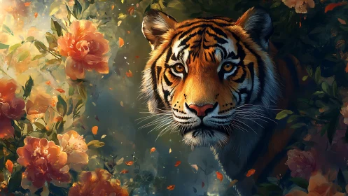 Tiger head rendered among dense floral foliage in profile