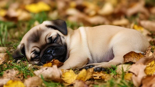 Sleepy pug puppy curled up in a soft bed of autumn leaves.