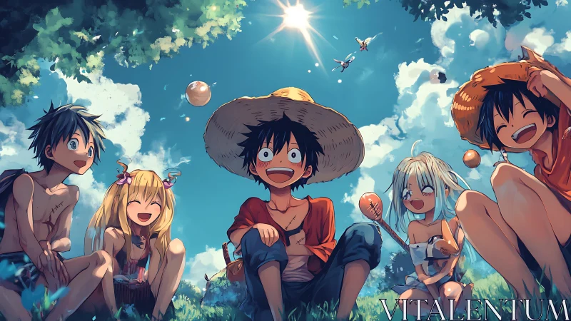Anime kids under summer sun in stylized panoramic composition