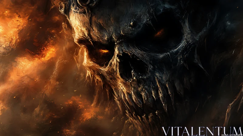 Fiery demonic skull emerges from darkness in infernal blaze