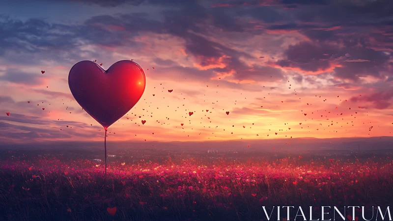 Large heart balloon floats above flowering field at sunset
