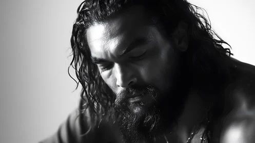 Brooding bearded wanderer in silvered monochrome light.