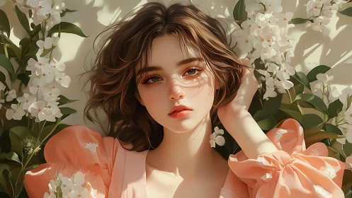 Young woman lies among white flowers in soft daylight