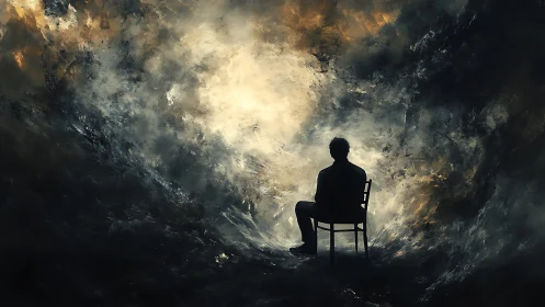 Solitary figure contemplates light amid swirling darkness