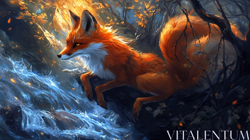 Vivid red fox studies rushing forest stream in cool light