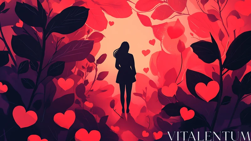 Woman silhouette surrounded by red hearts and dark flora