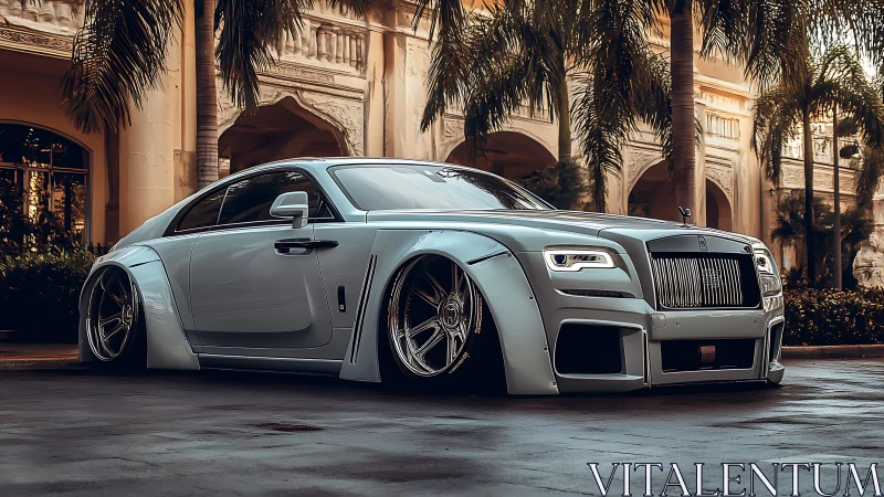 Stanced luxury coupe dominates palatial palm courtyard scene.