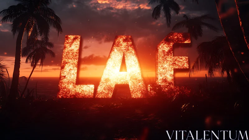 Glowing LAF letters on tropical shoreline at sunset.