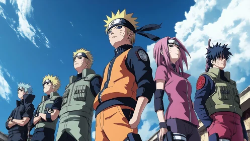 Anime ninja team lineup under blue sky in urban setting.