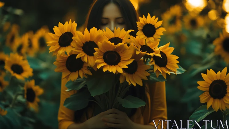 Photorealistic portrait of woman immersed in sunflower bouquet.