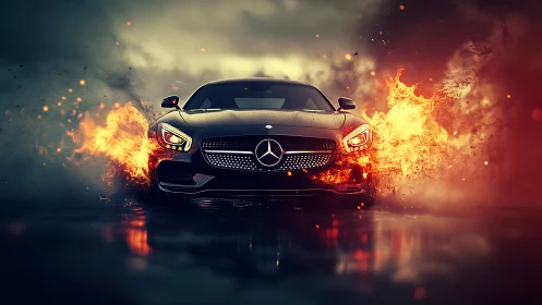 Black Mercedes-AMG Engulfed in Explosive Flames and Particles