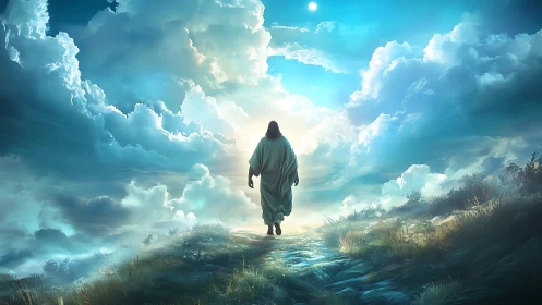 Lone robed wanderer ascending a sunlit heavenward path.