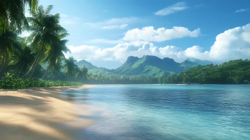 Tropical Beach Landscape with Mountain Vista and Palm-Lined Shore