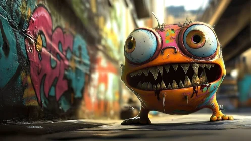 Graffiti alley gremlin grins with neon toothy menace.
