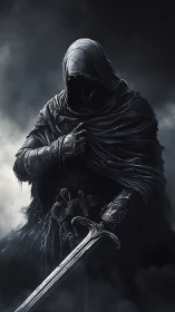 Hooded shadow knight rests in swirling moonlit mist.