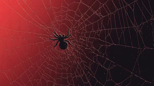 Silhouetted spider on dewy web against red gradient field.