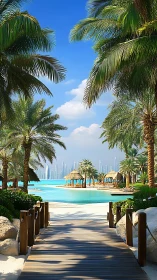 Tropical resort boardwalk leads toward turquoise urban lagoon