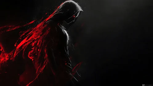 Shadowed figure wrapped in glowing red energy and mystery.