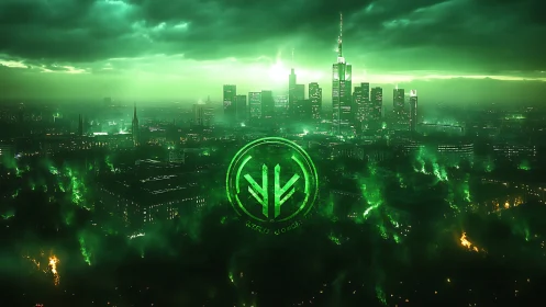 Emerald city skyline glowing with mysterious digital energy.