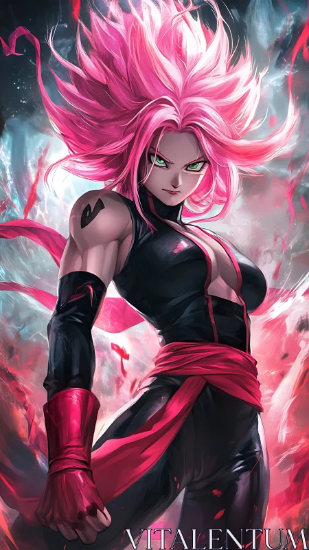 Fierce pink haired warrior glowing with unstoppable power.