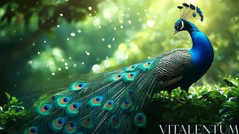 Vibrant peacock in lush green forest, glowing morning light, realistic.