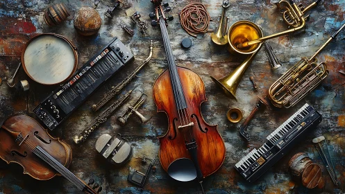 Mixed acoustic and electronic instruments on textured studio floor