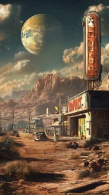 Desert highway outpost under massive alien planet sky.