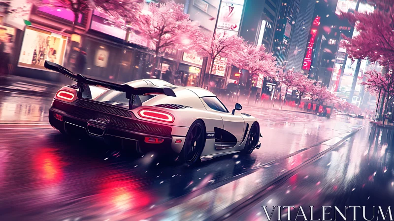 Supercar racing through neon city under sakura rainstorm.