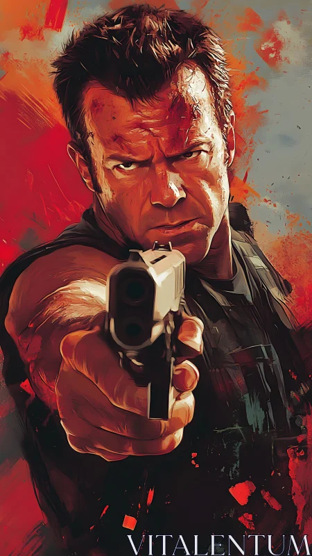 Determined action hero aims forward in a blazing standoff