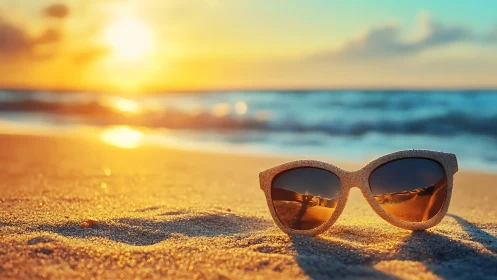 Sandy sunglasses cradle a melting sunset on the quiet shore