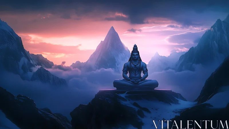 Digital painting of Shiva meditating amid luminous alpine peaks.
