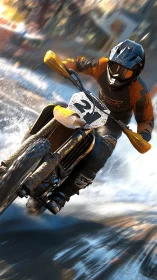 High-velocity motocross rider slicing through wet terrain.