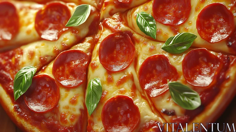 Gourmet pepperoni pizza with basil leaves in glossy closeup.