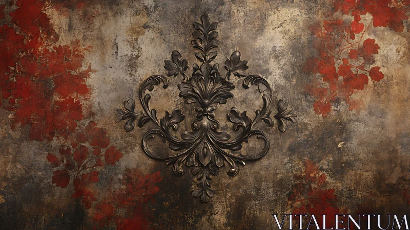 Ornate bronze flourish rests over distressed floral wall