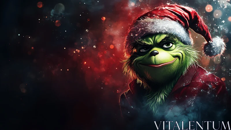 Cinematic green creature in Santa costume amid bokeh nebula