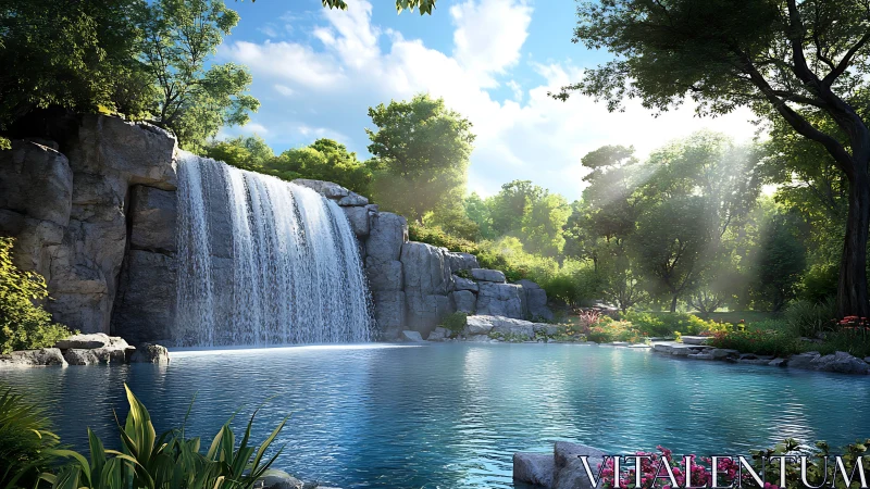 Sunlit waterfall cove where forest light meets calm water.