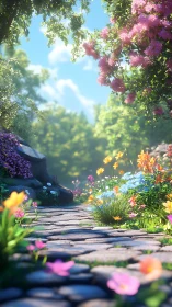 Stone path through dense garden with mixed flowering plants.