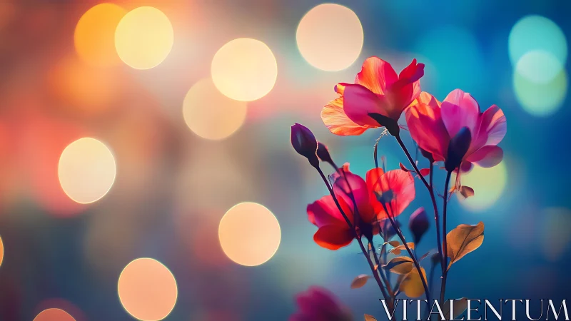 Red flowers with bokeh light elements in gradient background.