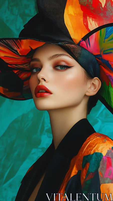 Radiant woman in vivid floral hat exudes modern elegance